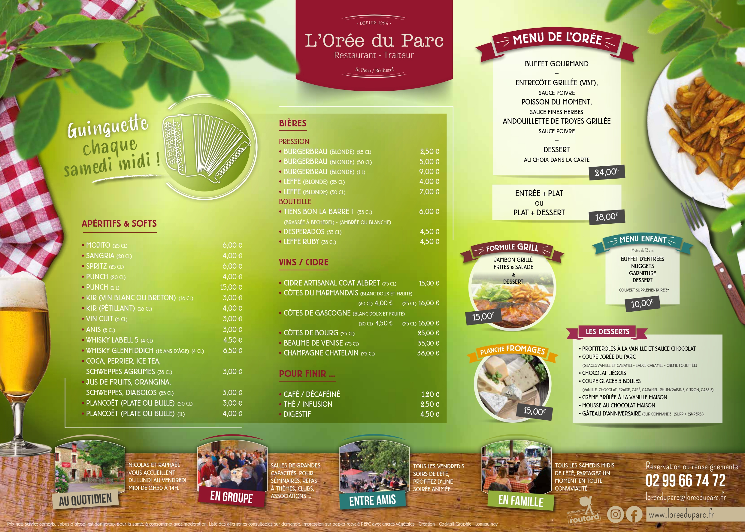 Menu samedi midi été 2022 - restaurant l'oree du parc à becherel