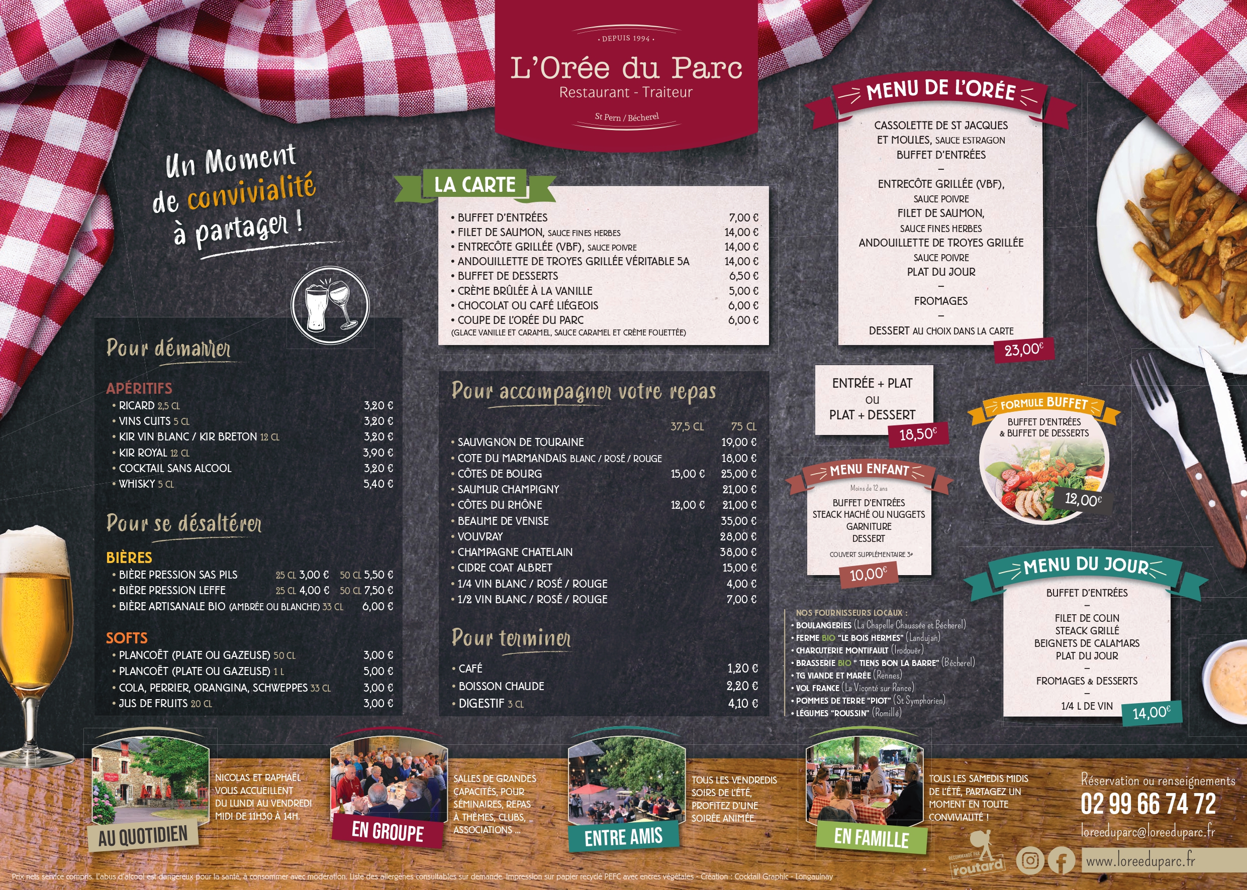 menu HIVER 2023 - set de table - restaurant l'oree du parc à becherel